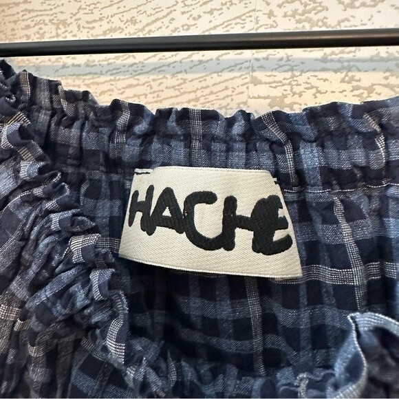 HACHE Ruffle Off The Shoulder Plaid Cotton Blouse Top Blue Small / IT40 - Picture 5 of 7